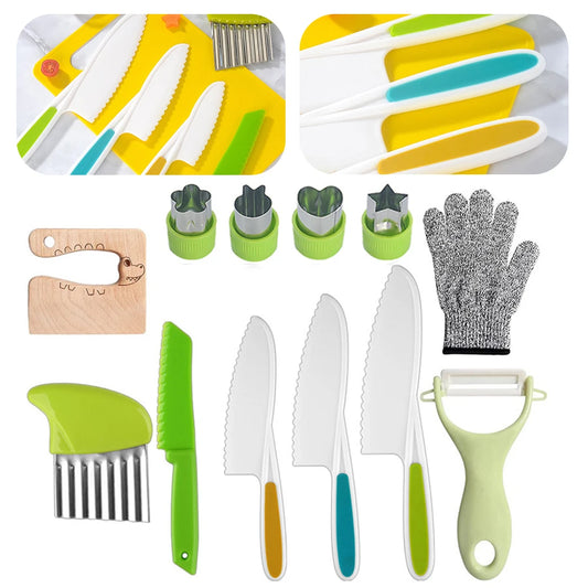 12/13/17 Pcs Montessori Kitchen Tools Serrated Edges Kids Knives for Toddlers-Kids Cooking Sets Real-Toddler Safe Knives Set
